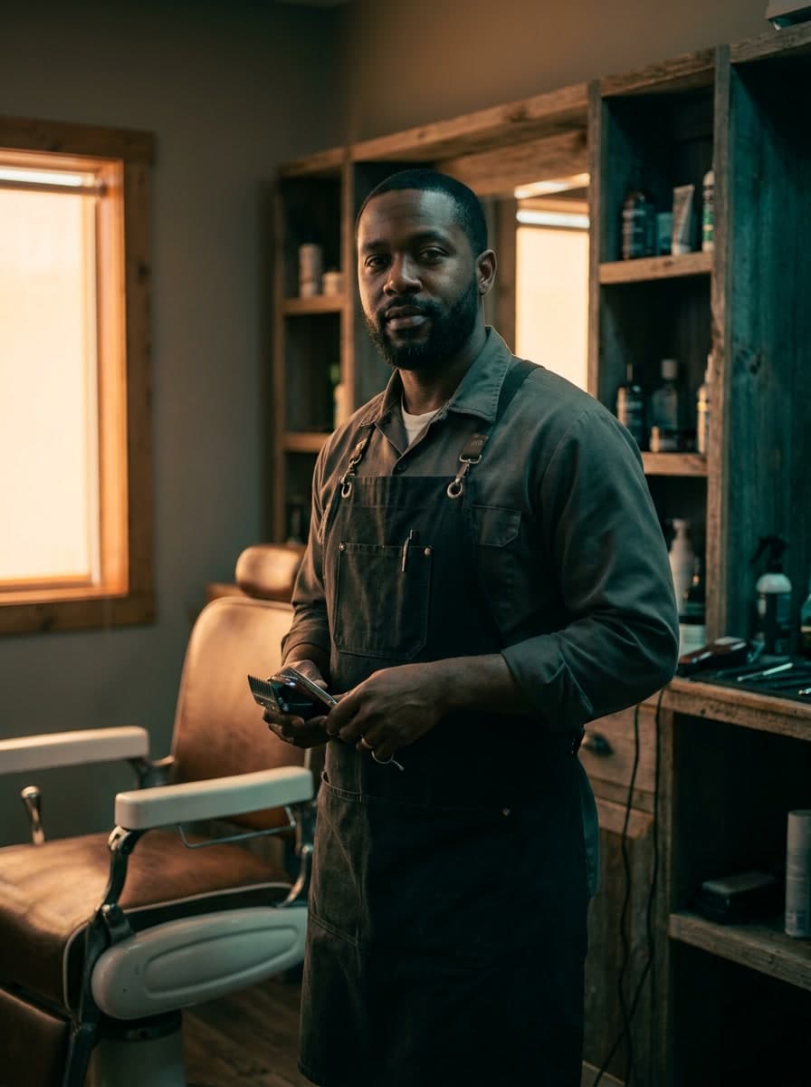 A barber in his shop holding clippers