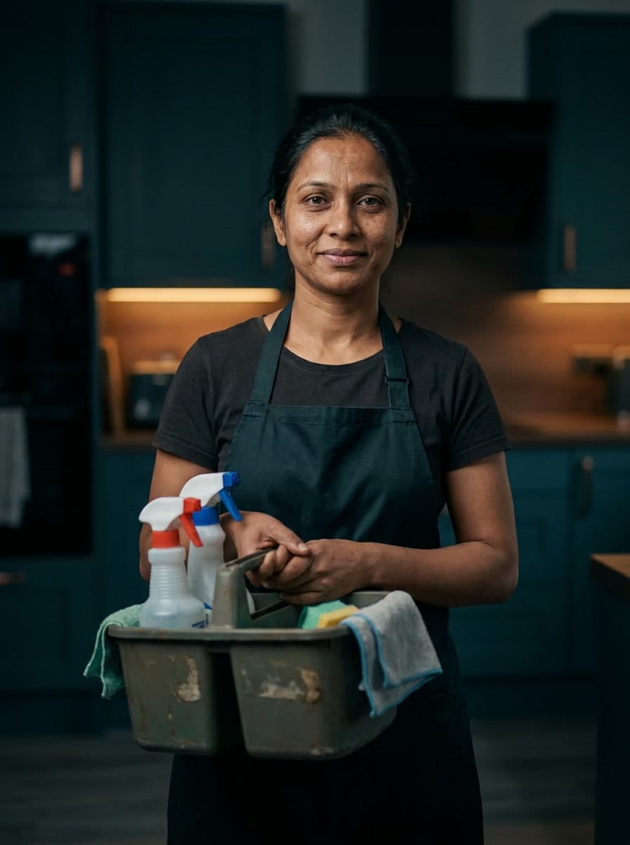 A house cleaner holding a caddy of supplies in a home