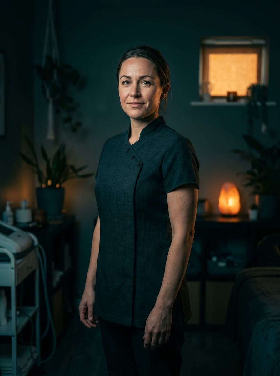 A massage therapist standing in her treatment room