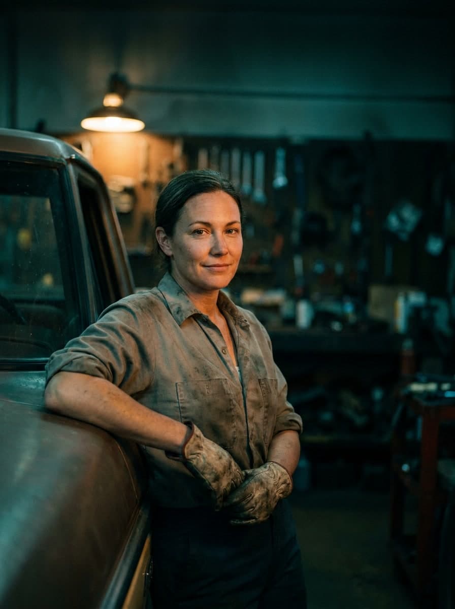 A mechanic standing in her garage beside a vehicle