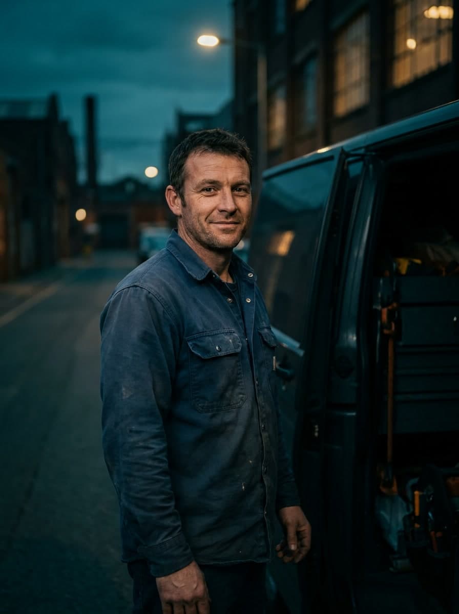 A plumber standing beside his service van at dusk