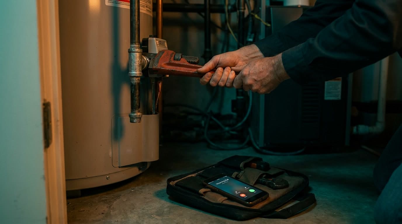 A plumber turning a pipe wrench on a water-heater connection while a phone rings on the floor nearby