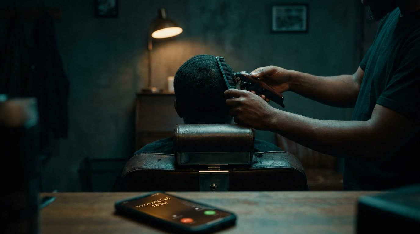 A barber mid-haircut while a phone rings on the counter station