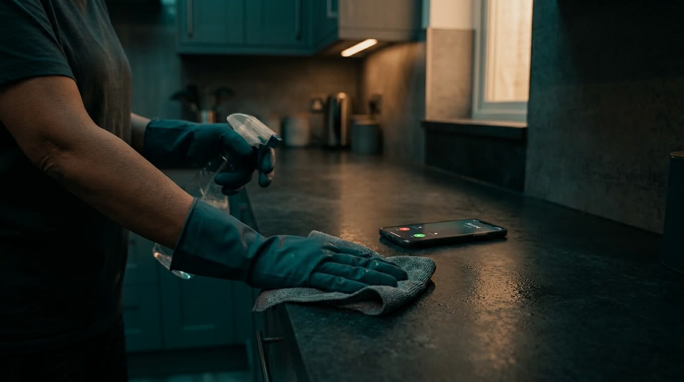 A house cleaner wiping a counter while a phone rings nearby