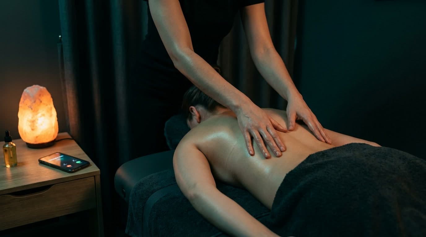 A massage therapist working on a client while a phone rings on the side table