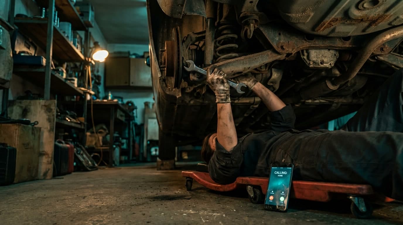 A mechanic under a car working a wrench while a phone rings on the floor nearby